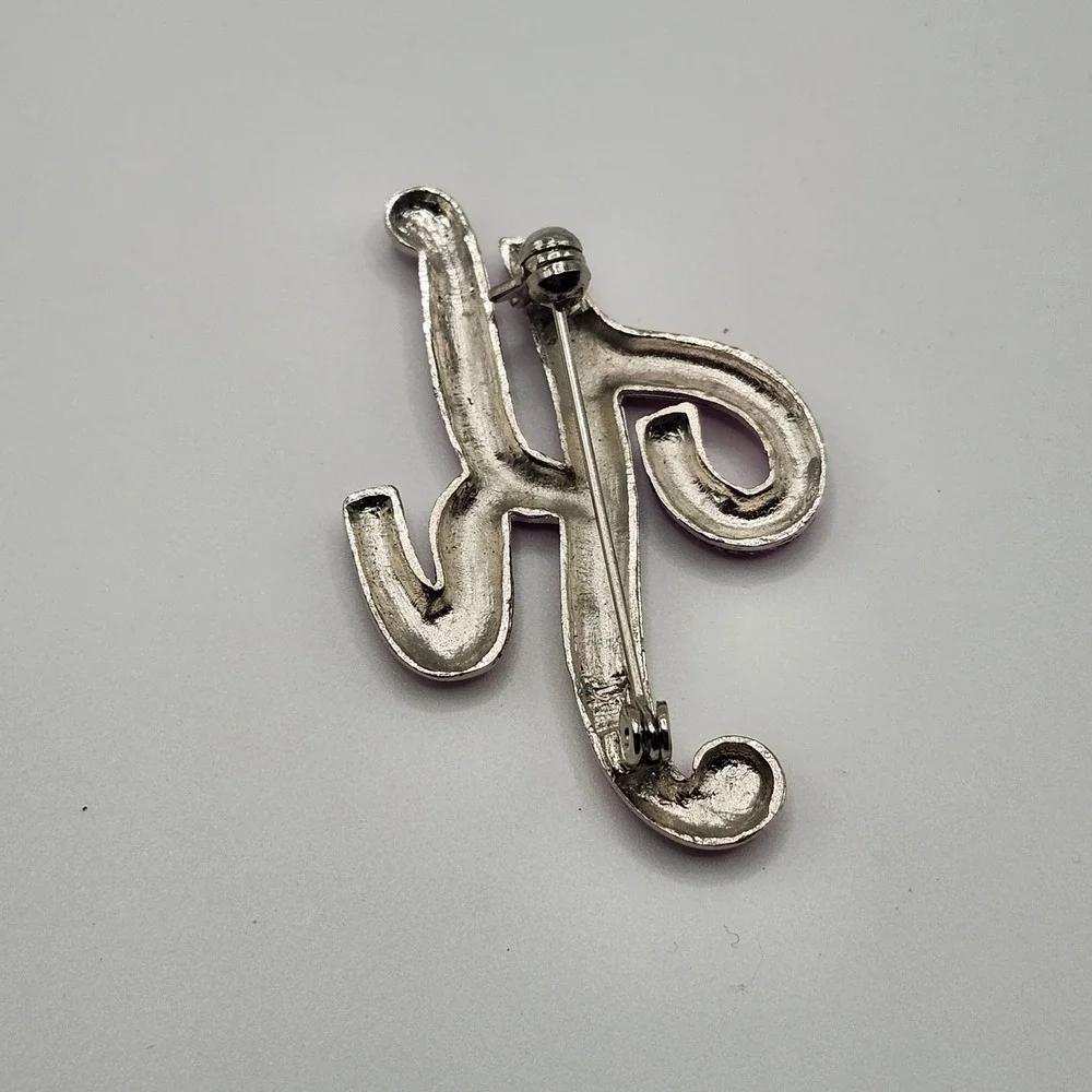 Pink Glitter Initial Letter H‎ Brooch Pin Silver Tone Metal Script Font Jewelry